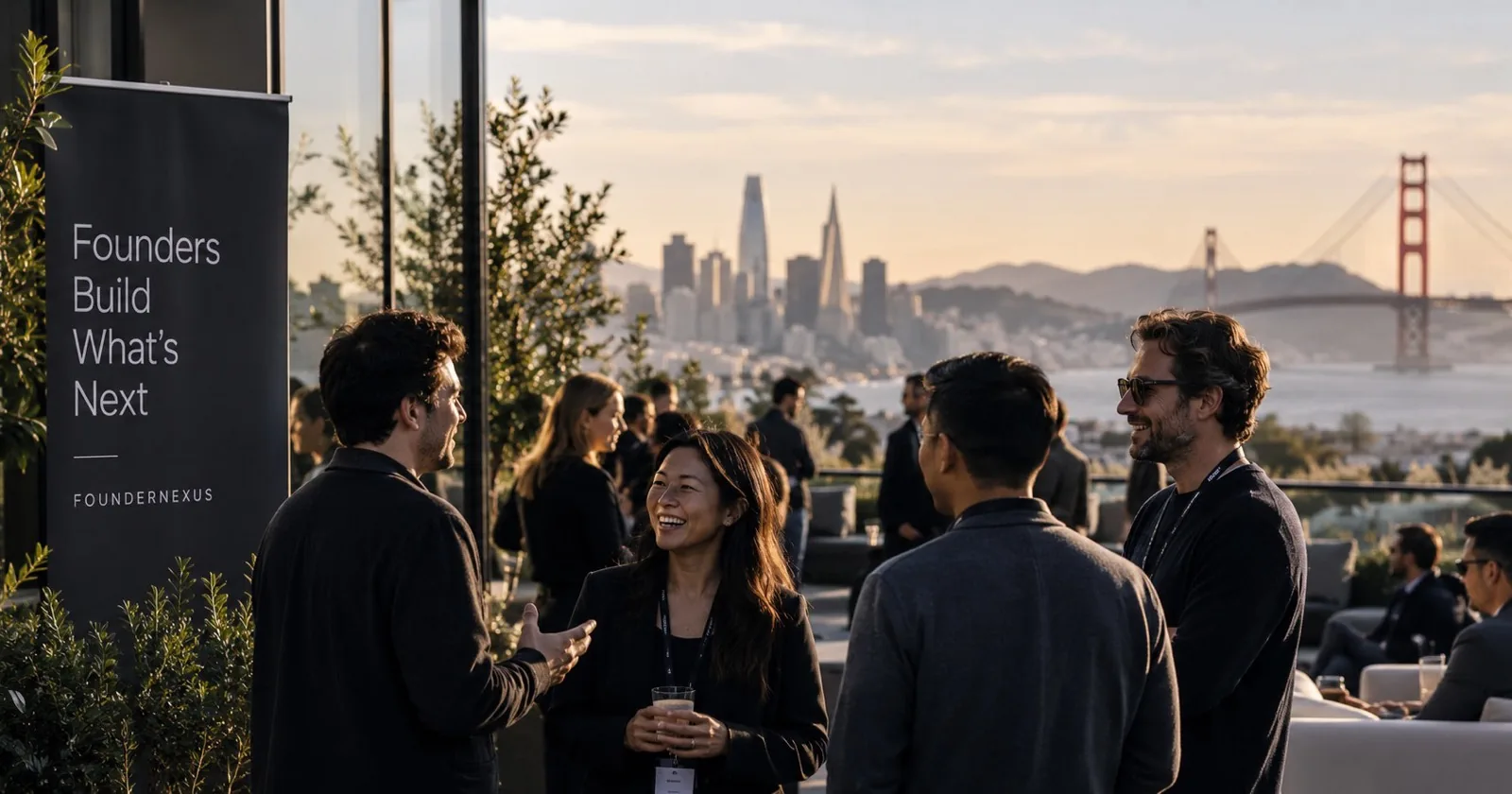 Founders talking on a terrace at sunset, with the San Francisco skyline and Golden Gate Bridge behind them and a FounderNexus banner in the foreground